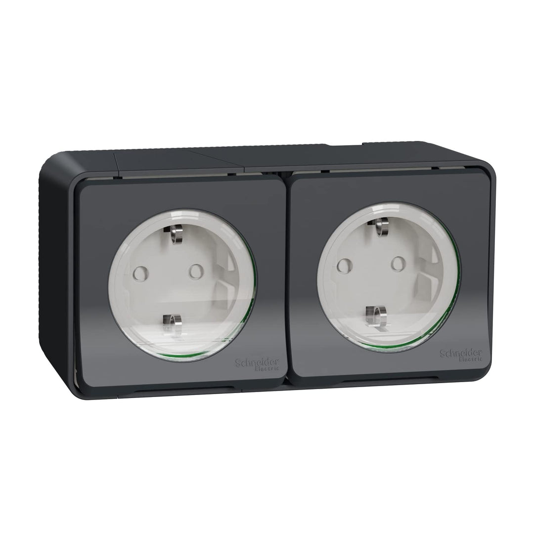 Mureva Styl – Doppel-PC 2P+T Schuko Vorverdrahtet, Horiz – Aufputz – IP55 IK08 – Grau