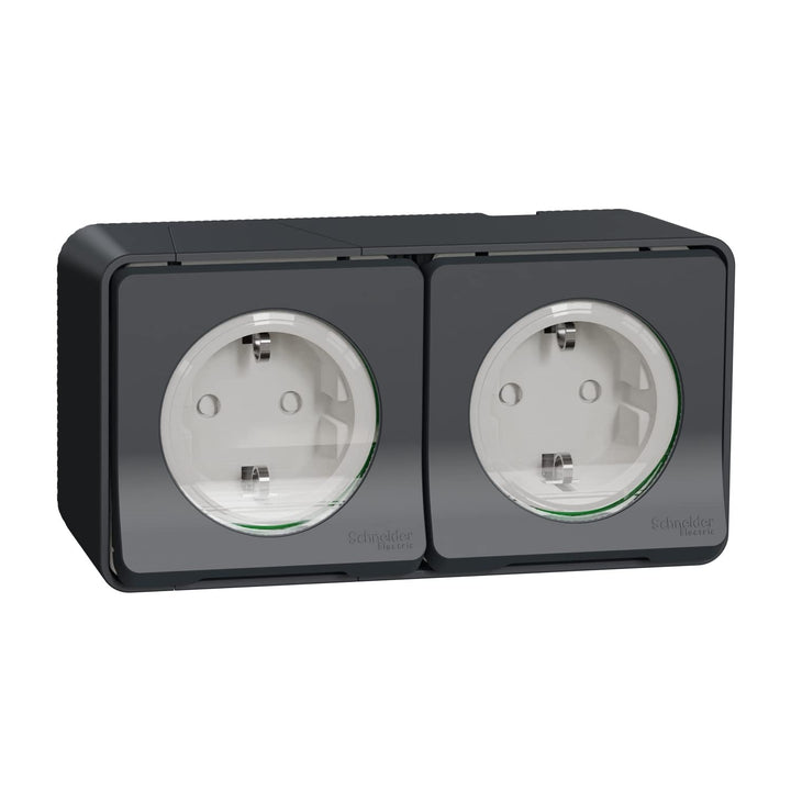 Mureva Styl – Doppel-PC 2P+T Schuko Vorverdrahtet, Horiz – Aufputz – IP55 IK08 – Grau