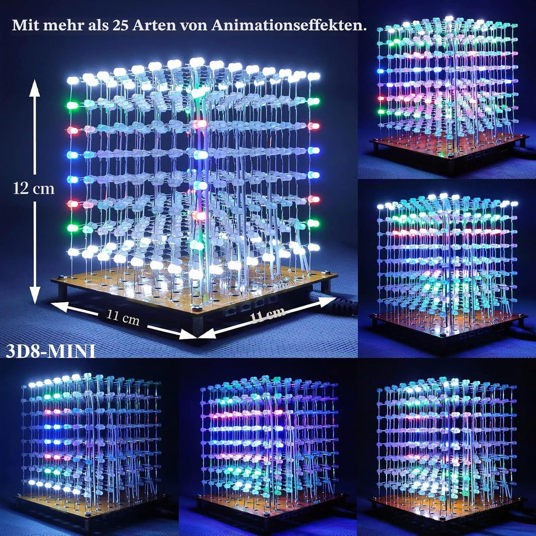Mini-3D-LED-Würfel, DIY-Elektronik-Set, Löt-Projekt-Kit (3D8MINI-MULTI-KIT), 3d8mini-multi-kit