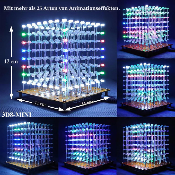 Mini-3D-LED-Würfel, DIY-Elektronik-Set, Löt-Projekt-Kit (3D8MINI-MULTI-KIT), 3d8mini-multi-kit