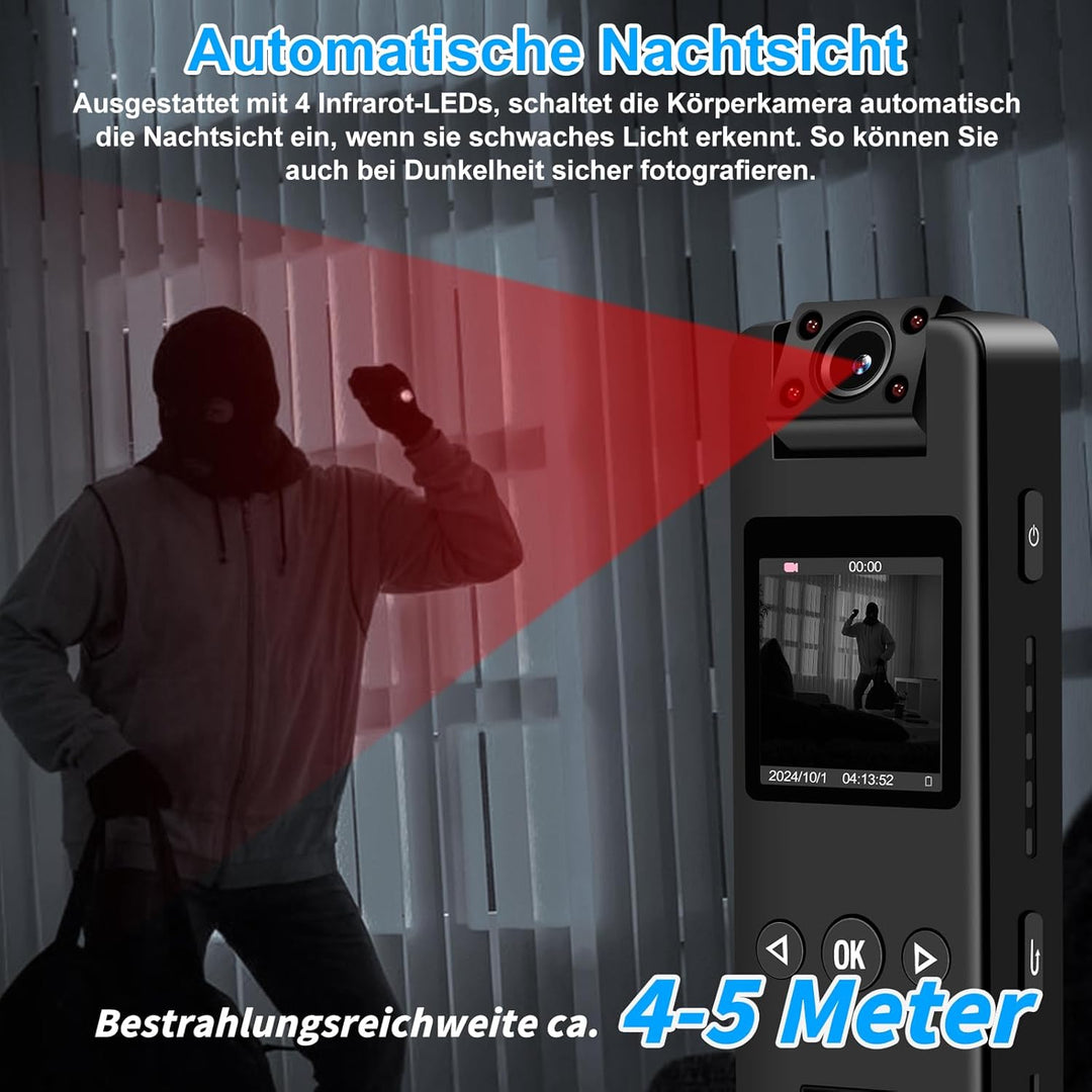 Bodycam 1080P Kleine Kamera ohne WLAN Action Cam mit Bewegungserkennung Nachtsicht, 180° drehbarem O