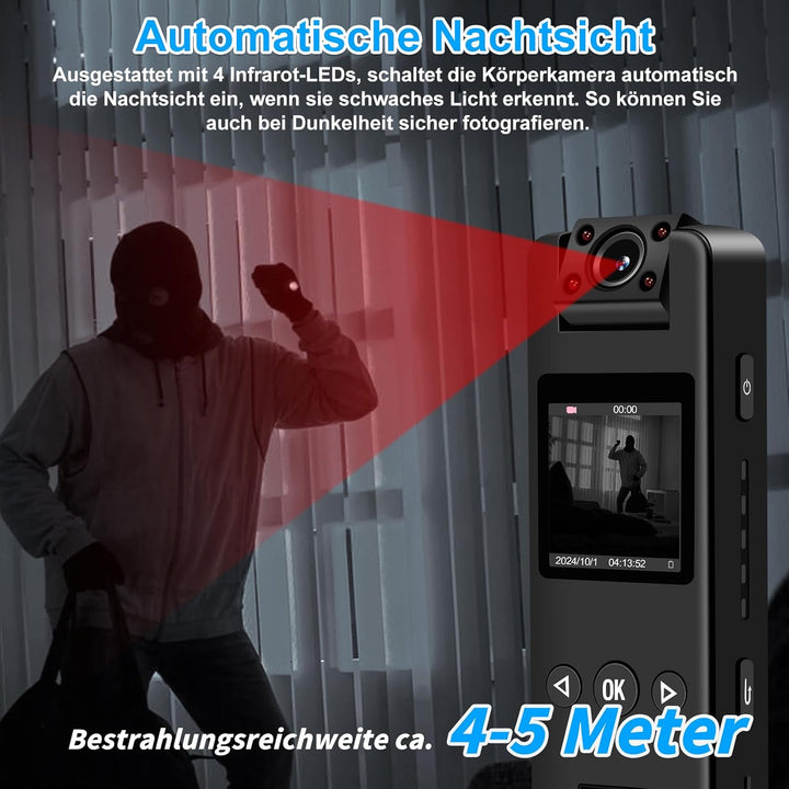 Bodycam 1080P Kleine Kamera ohne WLAN Action Cam mit Bewegungserkennung Nachtsicht, 180° drehbarem O