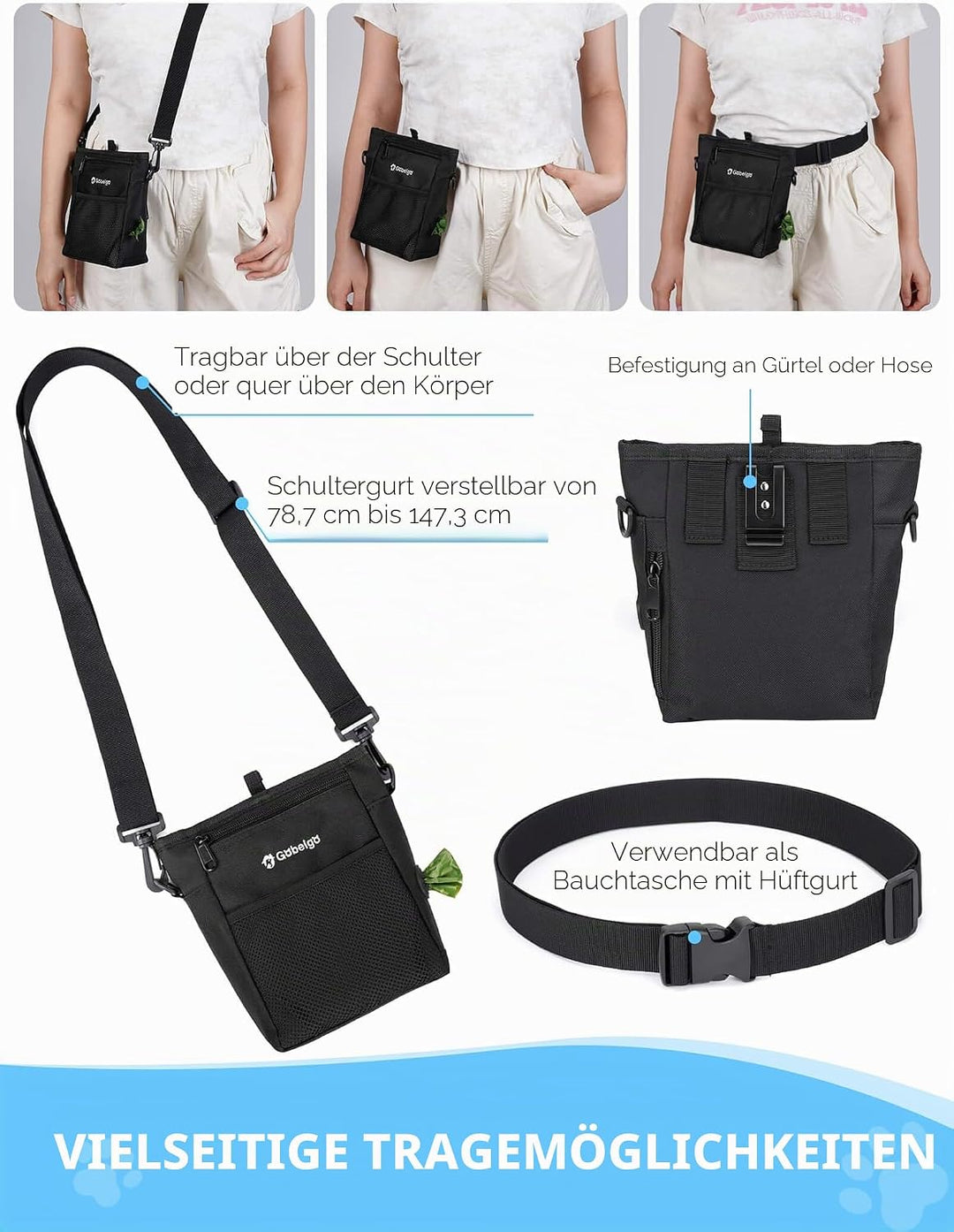 Gobeigo Hundeleckerli Tasche mit Silikon Snack Beutel, Fronttasche für alle Handys, 4 Tassen Leckerl