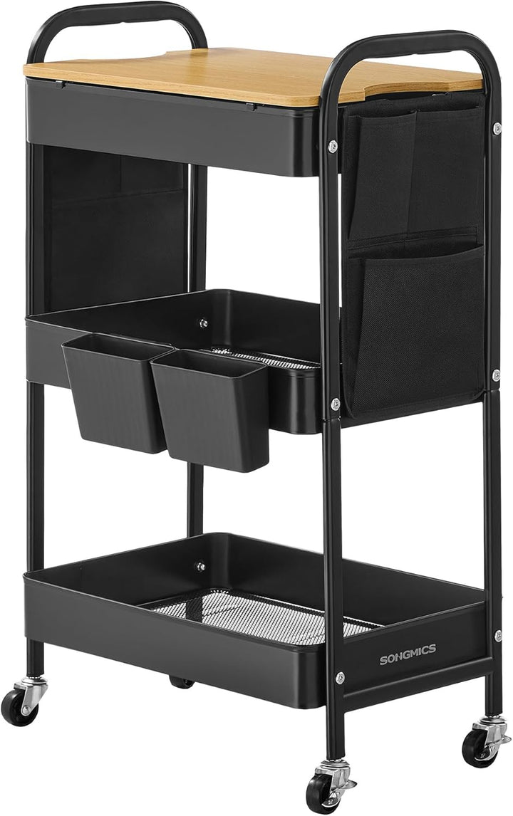 SONGMICS Rollwagen, Küchenwagen, 3 Metallgitterablagen, Servierwagen, 2 abnehmbare Hängebehälter, 2