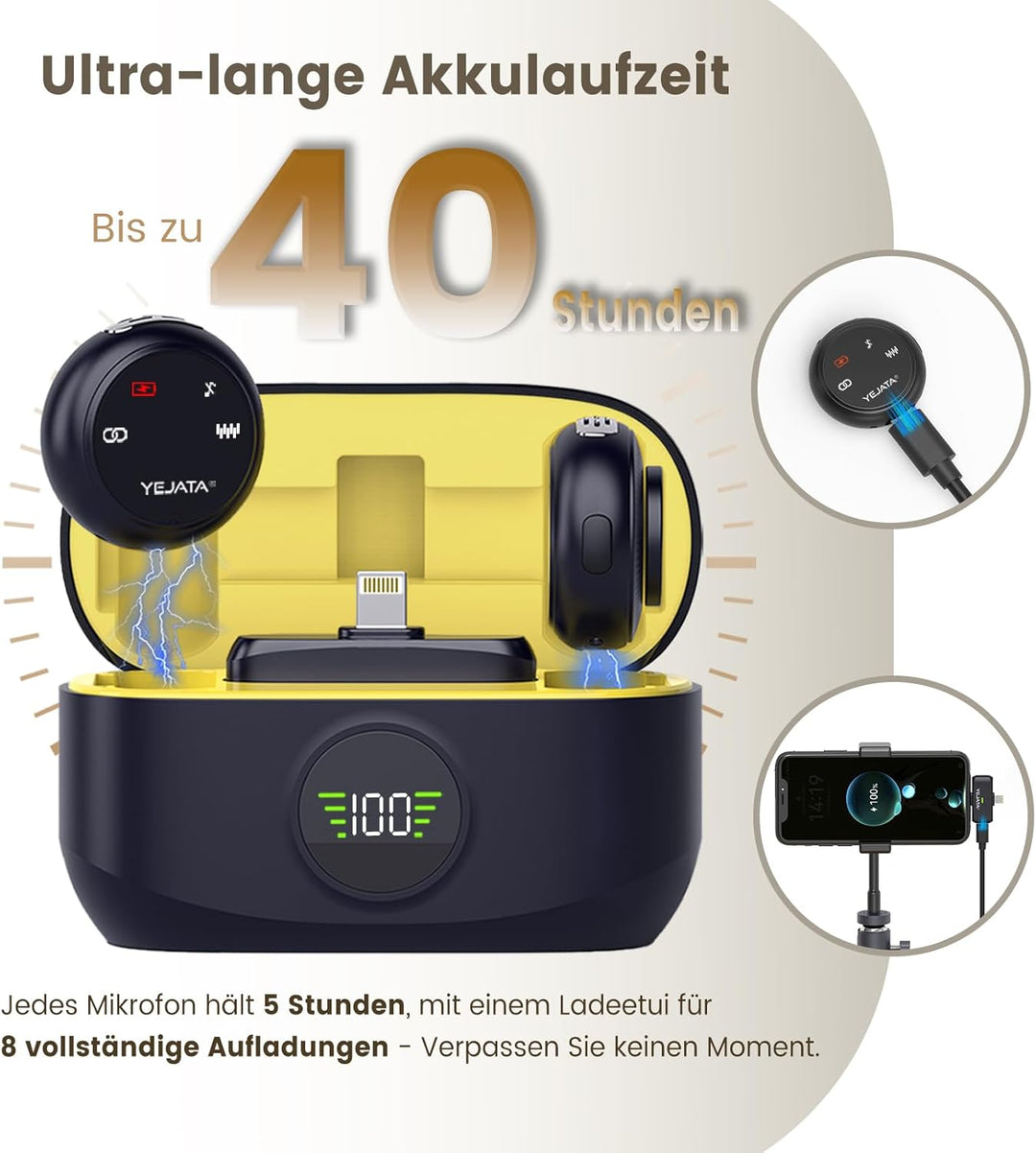 2-in-1-Funkmikrofon für iPhone, Android, Mini-Mikrofon mit Rauschunterdrückung, 40-Stunden-Ladeetui,