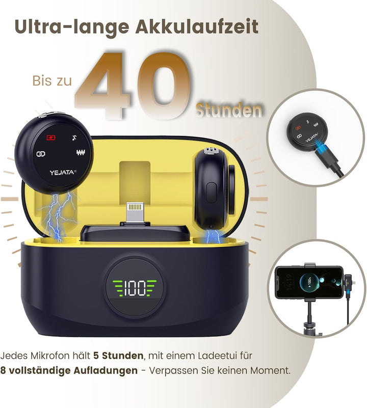 2-in-1-Funkmikrofon für iPhone, Android, Mini-Mikrofon mit Rauschunterdrückung, 40-Stunden-Ladeetui,