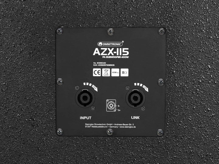 OMNITRONIC AZX-115 PA-Subwoofer 400W | 15"-Bassreflex-Subwoofer mit 400 W RMS, 8 Ohm | Mit 63-mm-Sch