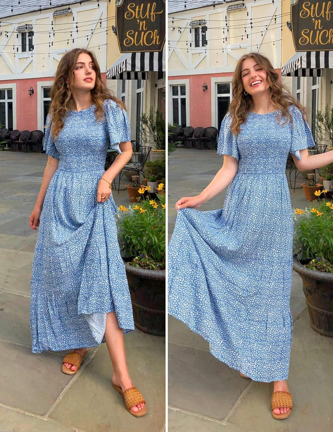 Zesica Damen-Maxikleid, Sommer, lässig, Blumendruck, kurze Flatterärmel, Rundhalsausschnitt, gesmokt