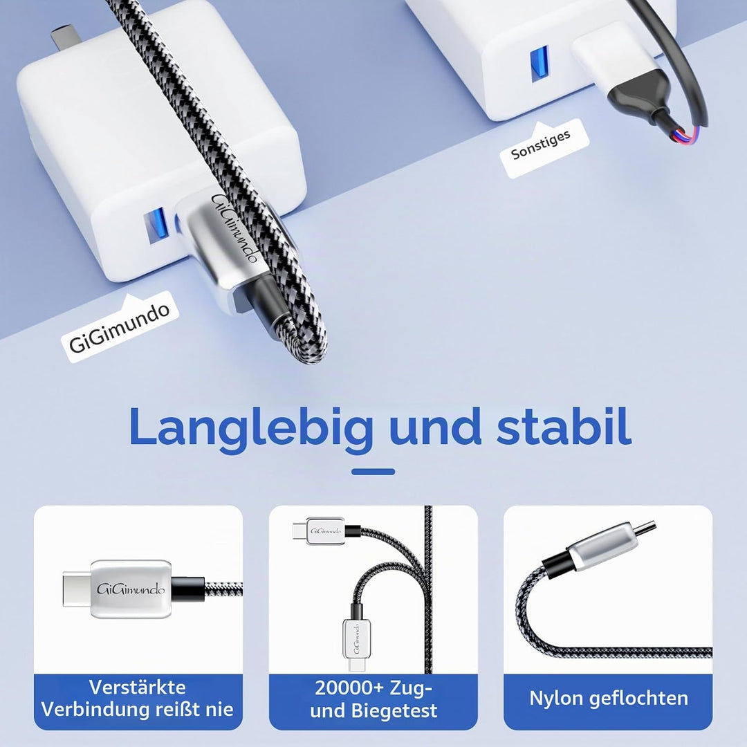 GiGimundo USB C Kabel PD100W [3Stück 1M+2M+3M], 20V/5A geflochtenes Nylon ladekabel usb c für Samsun