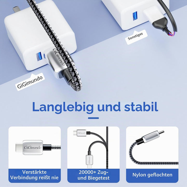 GiGimundo USB C Kabel PD100W [3Stück 1M+2M+3M], 20V/5A geflochtenes Nylon ladekabel usb c für Samsun