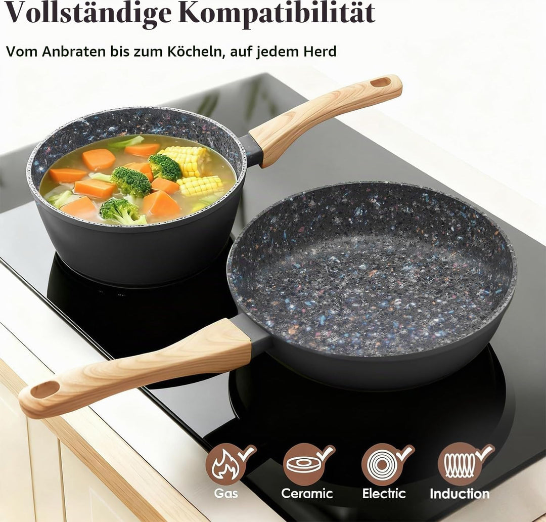 Topf &amp; Pfanne Set grosse Bratpfanne - keramikbeschichteter Aluminiumholzgriff, alle Herdplatten (3,
