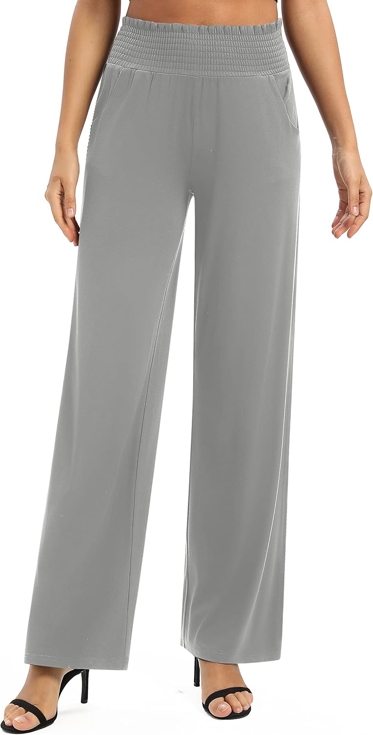 EXCHIC Damen Einfarbig Lose Gerade Geschnitten Palazzo Hose Hohe Taille Dehnbar Lounge Hose mit Tasc