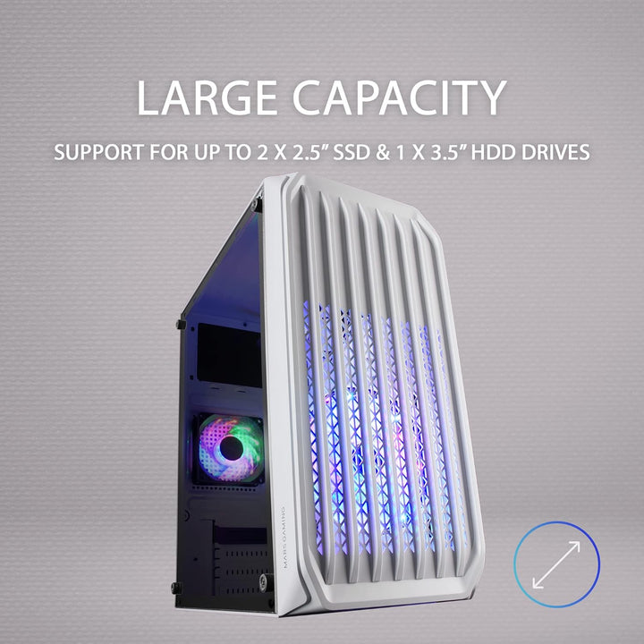 MarsGaming MC-S2 Weiss, Kompaktes Micro-ATX Gaming PC-Gehäuse, 2 FRGB Rainbow-Lüfter mit Frontgitter