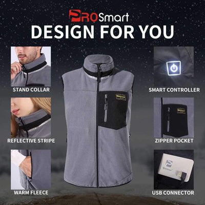 PROSmart Beheizbare Weste Leichtgewichts Fleece Beheizte Weste mit USB Akku, Unisex Grau, S