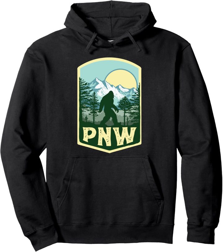 Vintage PNW Bigfoot Outdoor Badge Mountains & Trees Pullover Hoodie