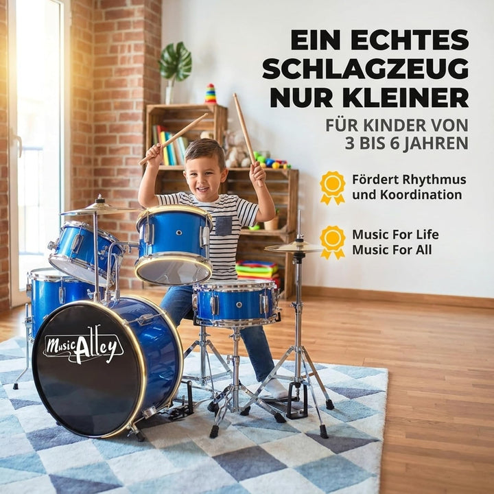 Music Alley Junior Drum Kit for Kids with Kick Drum Pedal, Drum Stool &amp; Drum Sticks - Blue Blue Sing