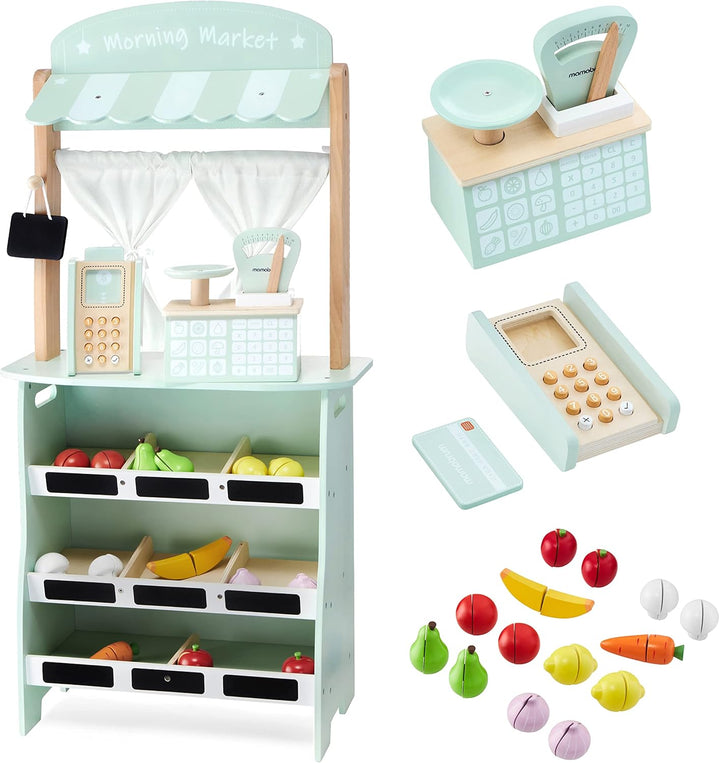 mamabrum 2-in-1 Kaufladen & Theater-Set, Holz-Marktstand mit Waage & Bezahlterminal, 16-teilbares Ob
