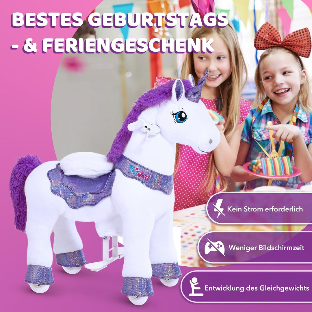 PonyCycle® Einhorn Reitpferd | für Kinder 4–7 Jahre, 90cm | Lila Plüsch Schaukelpferd auf Rollen mit
