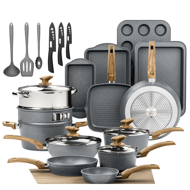 Kitchen Academy Topfset Induktions-Kochgeschirr-Set mit Glasdeckeln und Granitbeschichtung inkl. Pfa