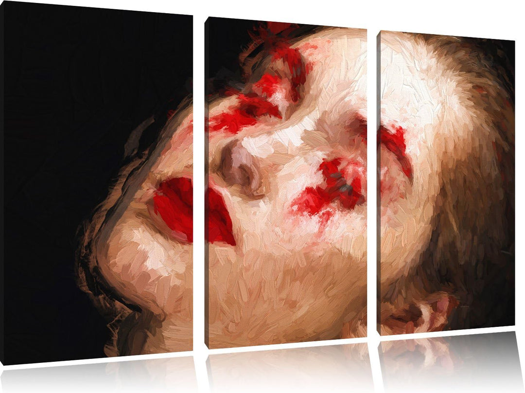 Frau mit roten Puder Pinsel Effekt 3-Teiler Leinwandbild 120x80 Bild auf Leinwand, riesige Bilder fe
