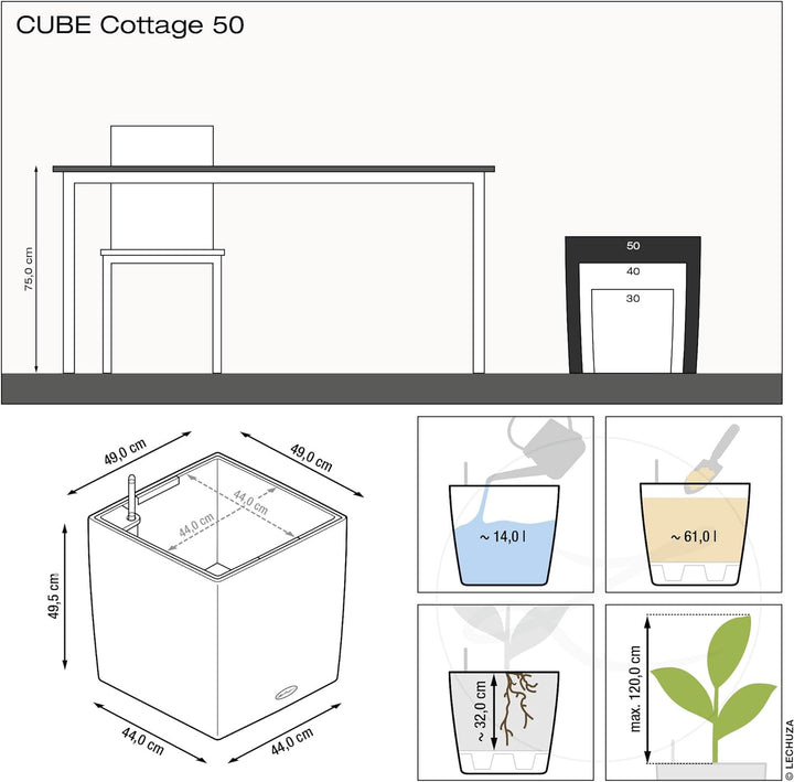 LECHUZA "CUBE Cottage 50" Pflanzgefäss mit Erd-Bewässerungs-System, Granit, 50 x 50 x 50
