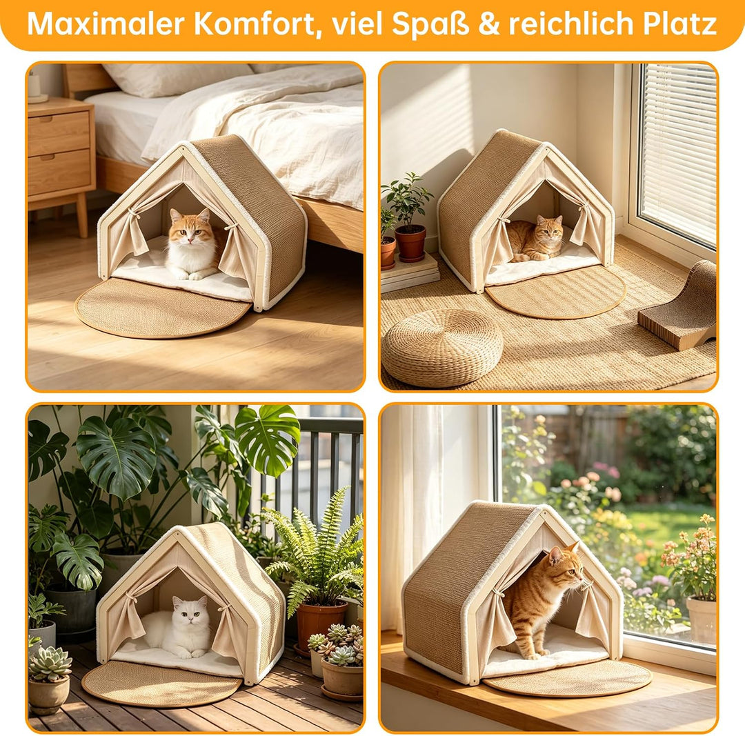 Sisal &amp; Holz Katzenhöhle Katzenhaus Indoor mit Oben Kratzbrett Katze(Beige) | Katzenbett, Abnehmbare
