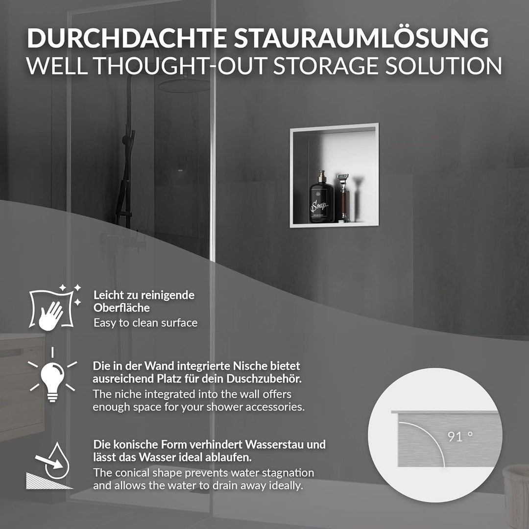 LuxeBath Wandnische aus Edelstahl, 30x30x10 cm, Silber, Duschnische mit Rahmen, Einbauregal, Flexibl