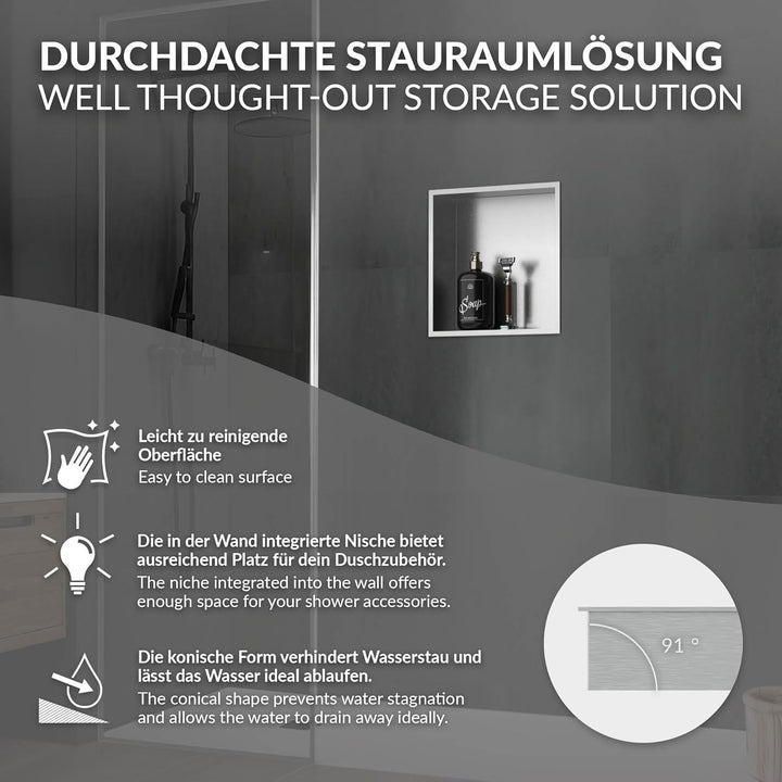 LuxeBath Wandnische aus Edelstahl, 30x30x10 cm, Silber, Duschnische mit Rahmen, Einbauregal, Flexibl