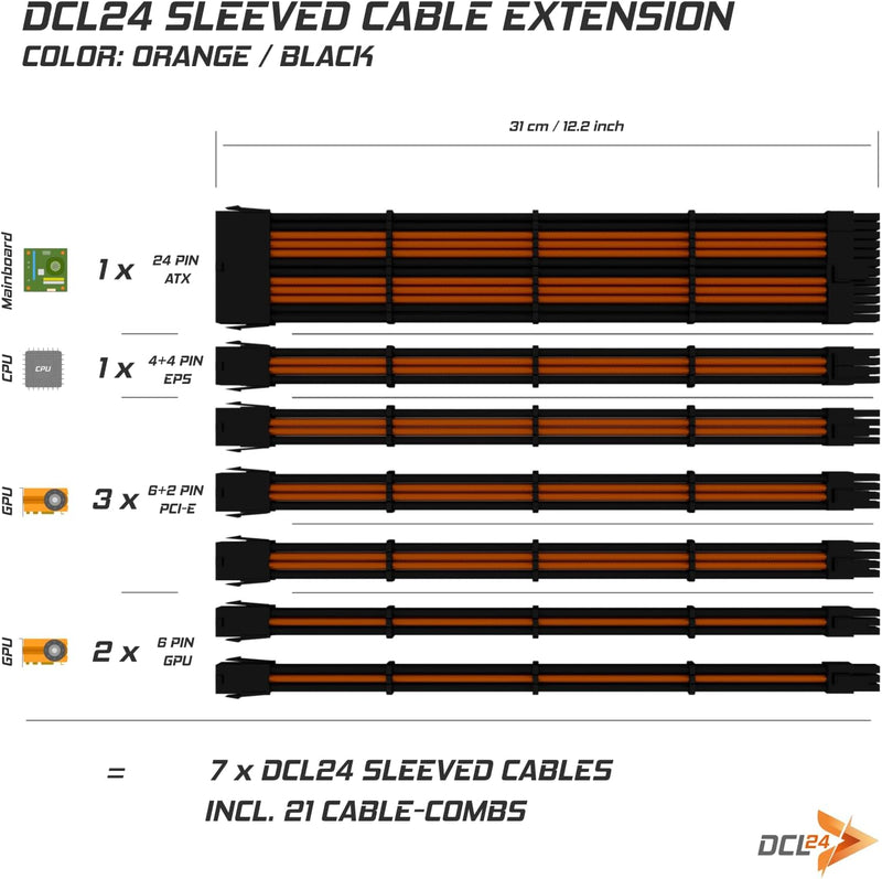 dcl24.de 30CM Sleeved Cable PC Extension Kit Schwarz-Orange für Netzteil, GPU/CPU, PSU Cable Extensi