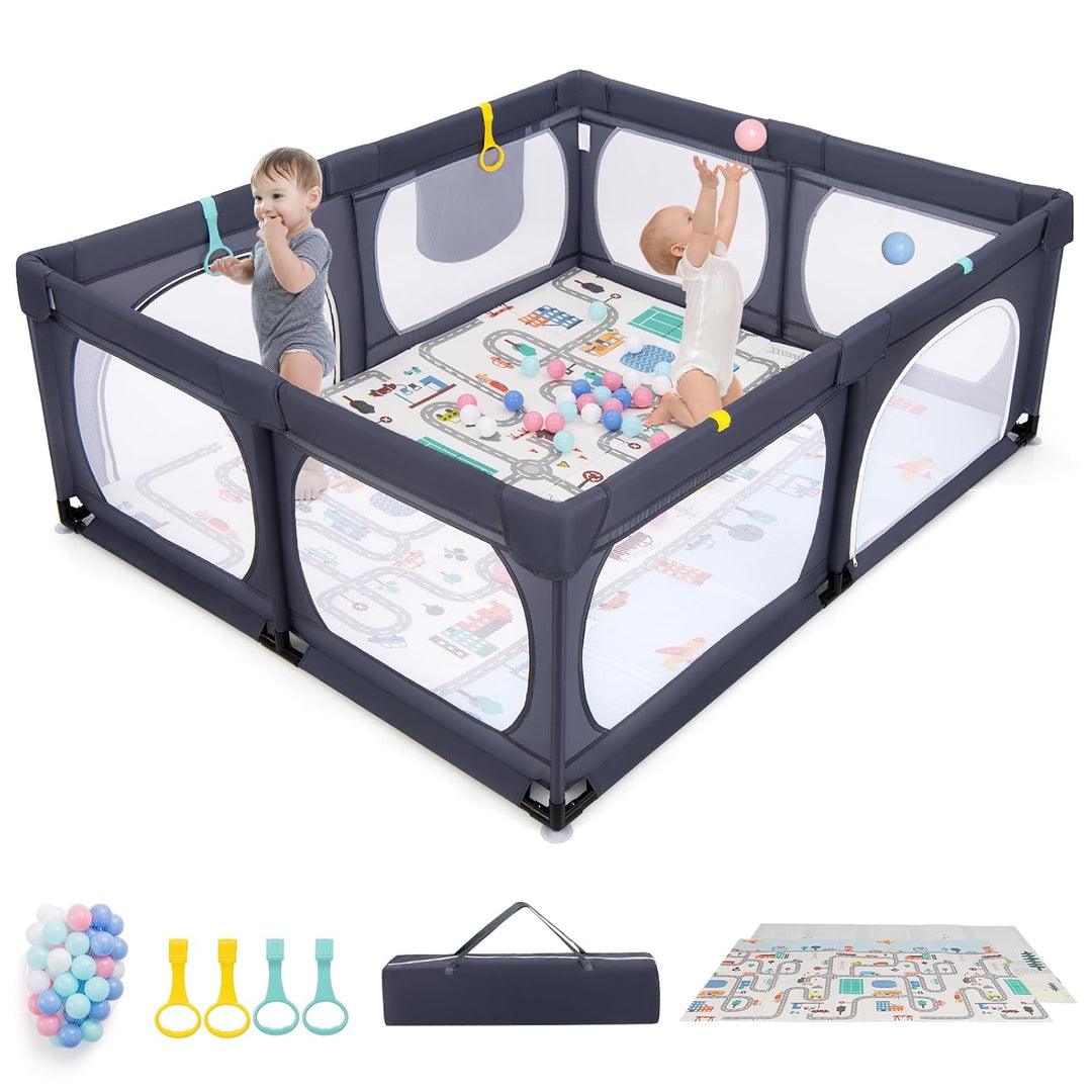 DREAMADE Laufstall Baby, 189 x 158 cm Laufgitter mit Matratze & 4 Zugringen & 50 Ocean Bällen & Trag