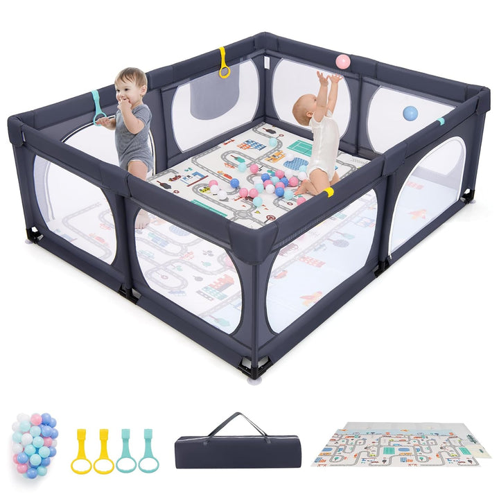 DREAMADE Laufstall Baby, 189 x 158 cm Laufgitter mit Matratze & 4 Zugringen & 50 Ocean Bällen & Trag