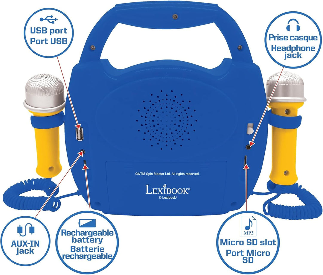 Lexibook - Paw Patrol - Tragbarer digitaler Karaoke-Player für Kinder - Mikrofone, Lichteffekte, Blu