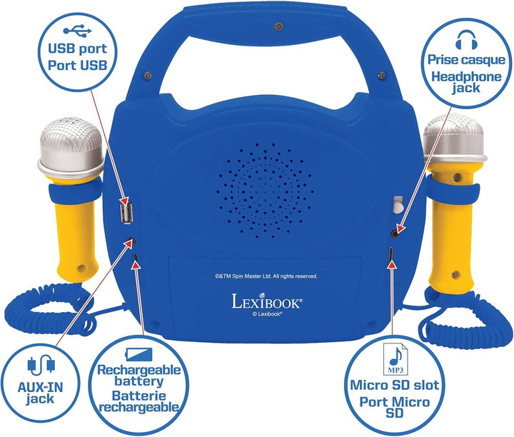 Lexibook - Paw Patrol - Tragbarer digitaler Karaoke-Player für Kinder - Mikrofone, Lichteffekte, Blu