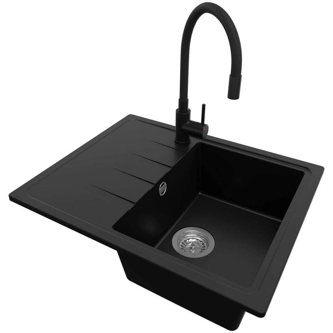 PRIMAGRAN Granitspüle Schwarz 62x50cm, Spülbecken 1 Becken + Küchenarmatur 40x38cm + Ablauf-Set, Küc