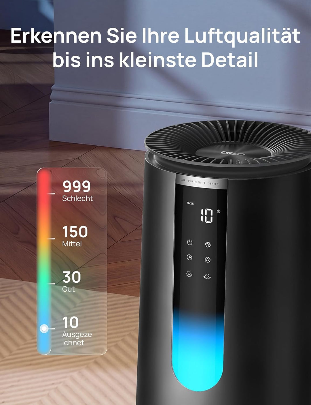 DREO-Luftreiniger für Schlafzimmer 195 m³/h CADR, Luftreiniger 338S,3-in-1-HEPA-Filter, 4 Modi, 4 Ge