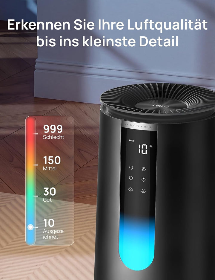 DREO-Luftreiniger für Schlafzimmer 195 m³/h CADR, Luftreiniger 338S,3-in-1-HEPA-Filter, 4 Modi, 4 Ge