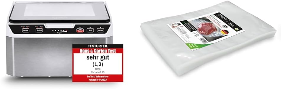Caso VacuChef 40 - Kammervakuumierer aus Edelstahl, 1417 & Siegelrandbeutel 25 x 35 cm, 90 mμ, 100 S