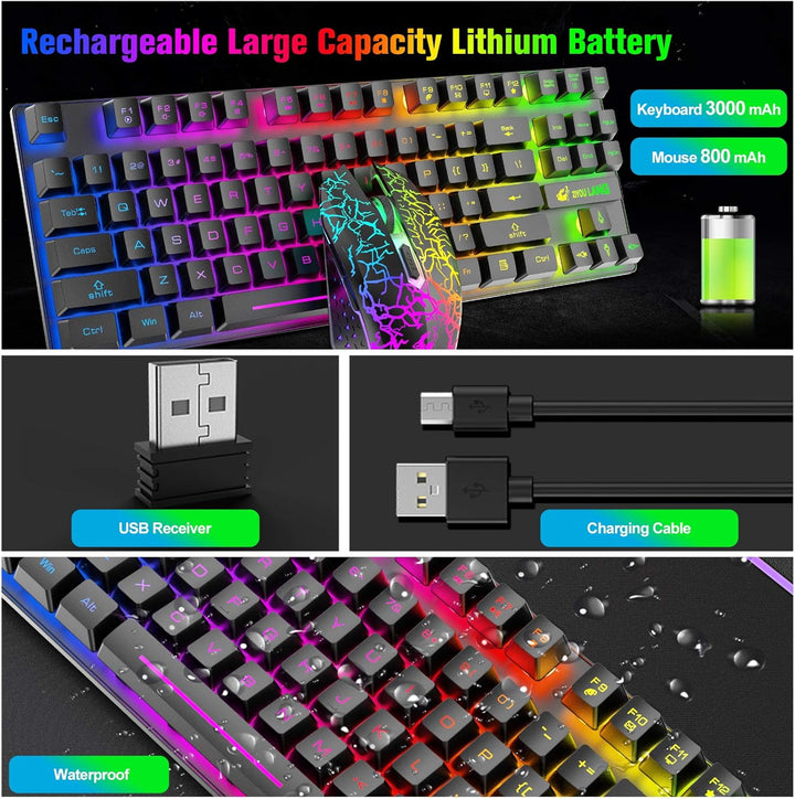 Kabellose Gaming-Tastatur und Maus, 87 Tasten, Regenbogen-LED-Hintergrundbeleuchtung, wiederaufladba