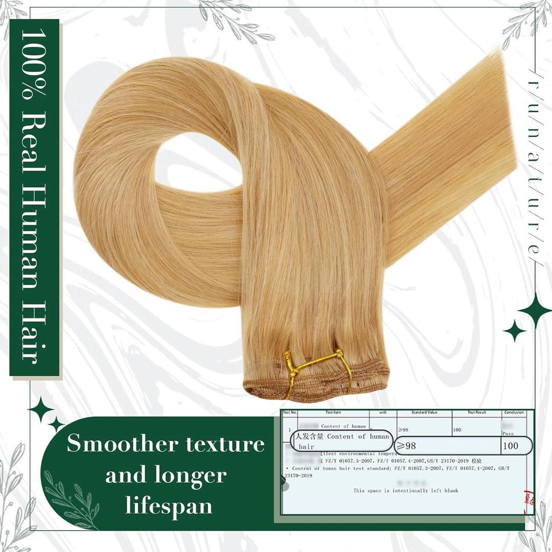 RUNATURE Clip in Extensions Echthaar Goldblond mit Hellblond Haarverlangerung Echthaar Clip in Glatt