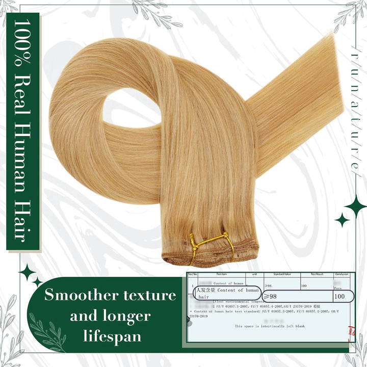 RUNATURE Clip in Extensions Echthaar Goldblond mit Hellblond Haarverlangerung Echthaar Clip in Glatt