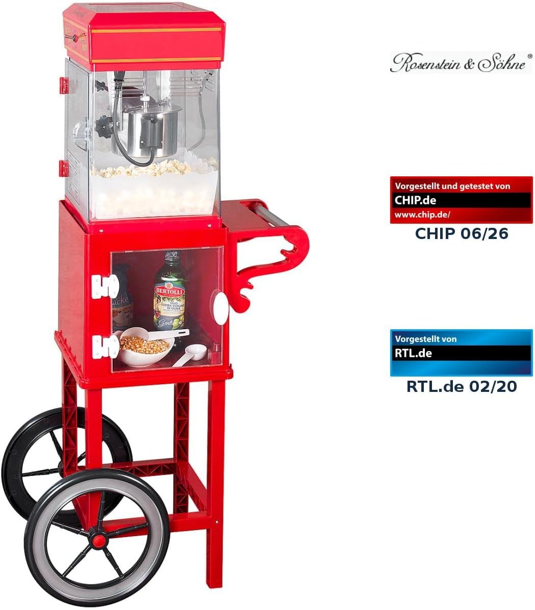 Rosenstein &amp; Söhne Popcorn Snacks: Retro-Popcorn-Maschine "Movie" und Rollwagen im 50er-Stil, rot (M