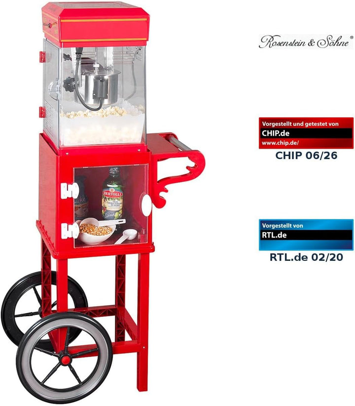 Rosenstein &amp; Söhne Popcorn Snacks: Retro-Popcorn-Maschine "Movie" und Rollwagen im 50er-Stil, rot (M