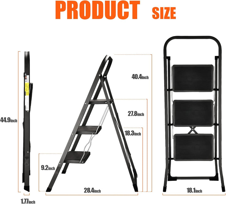 HBTower Leiter 3 Stufen Klappbar, Trittleiter mit Anti-Rutsch-Pedal, 20 cm breite Stufen, 150KGS Kap