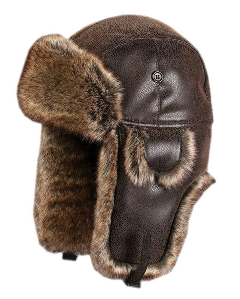 Unisex Wintermütze Fliegermütze Trappermütze mit Kunstleder Fellmütze Herren Russenmütze, Braun