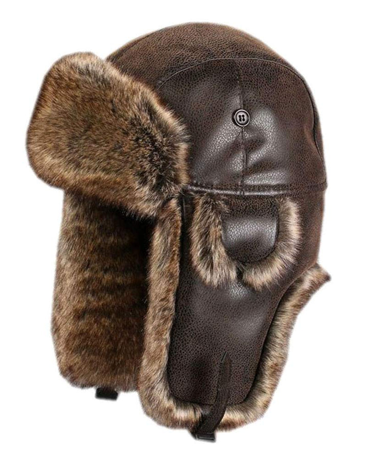 Unisex Wintermütze Fliegermütze Trappermütze mit Kunstleder Fellmütze Herren Russenmütze, Braun