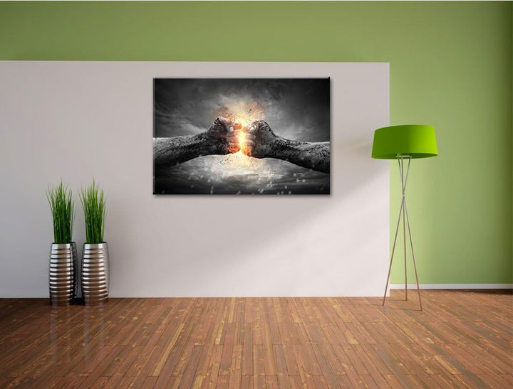 Pixxprint Fäuste mit Energie schwarz/weiss Format: 100x70 auf Leinwand, 100x70