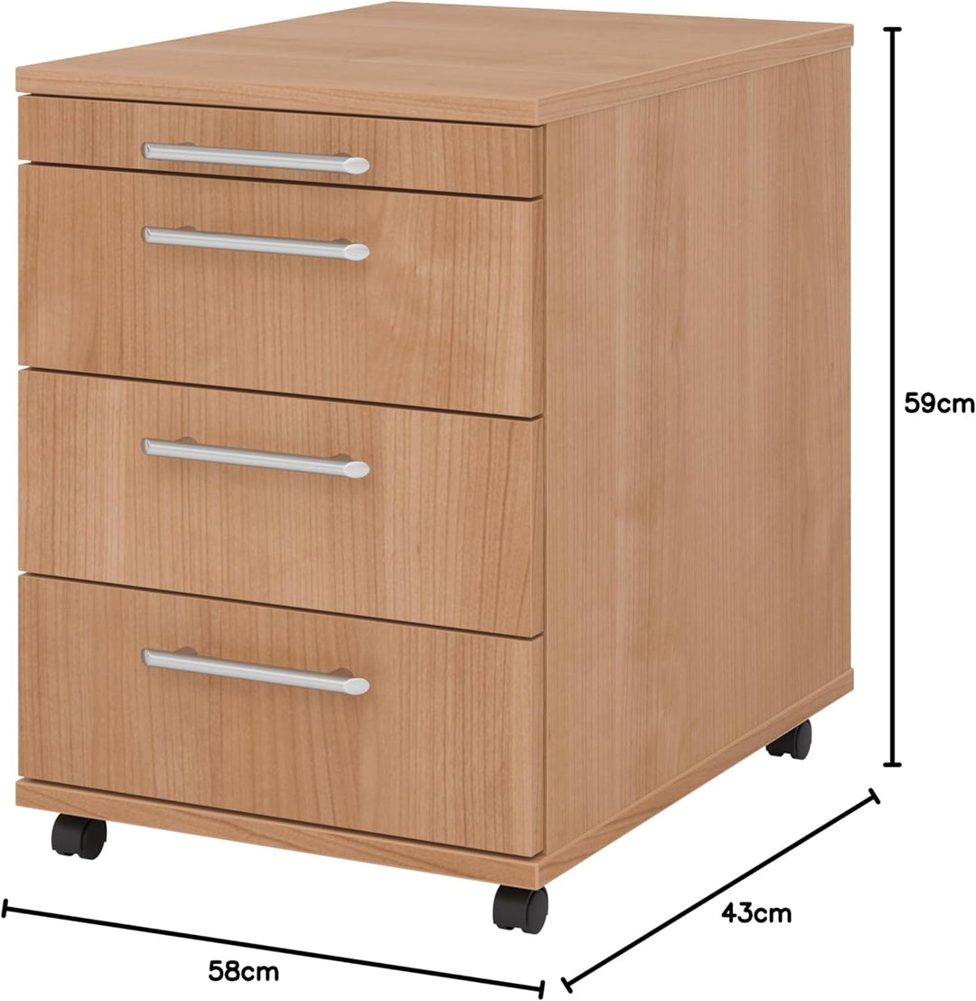 Bümö® Rollcontainer in Nussbaum mit 3 Schüben und Schreibwaren Schublade | Bürocontainer aus Holz |