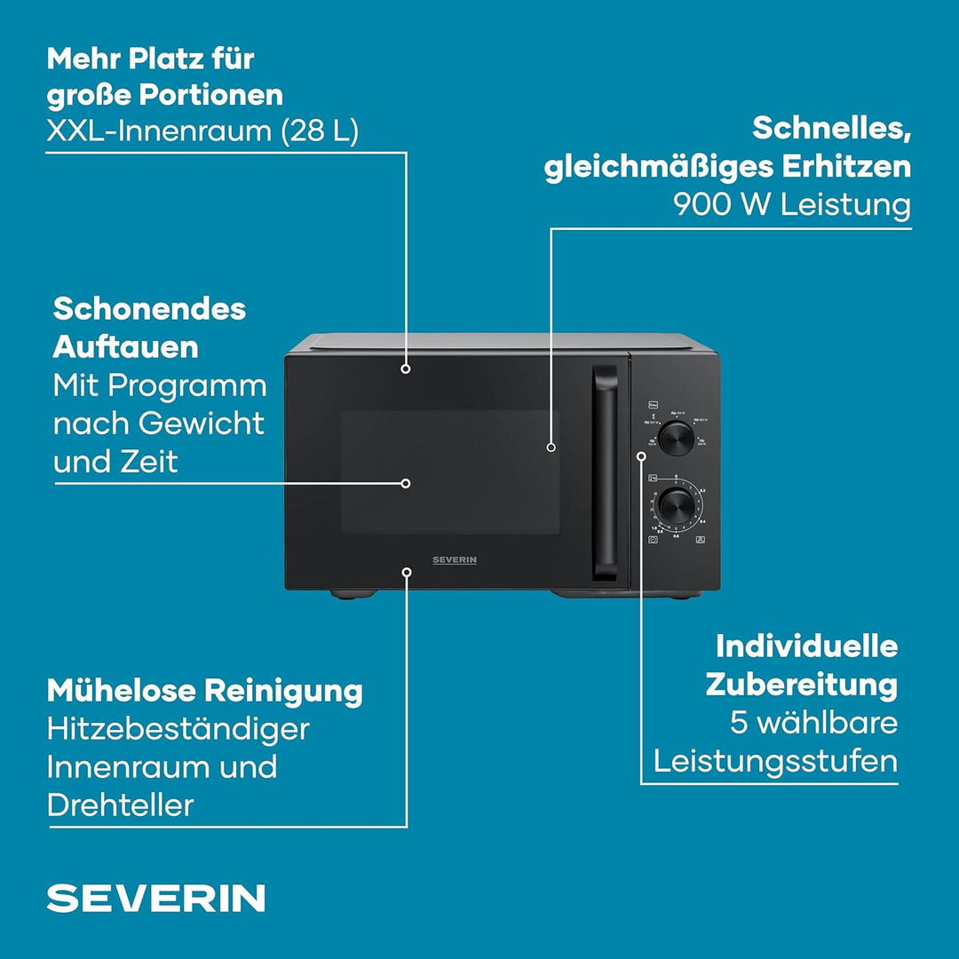 Severin Mikrowelle Solo, zum Auftauen und Erhitzen, XXL Innenraum, 28 L, Mikrowellengerät mit heraus