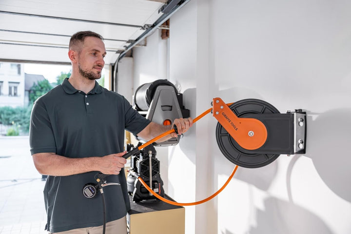 Giraffe Tools Automatik Druckluftschlauchtrommel 15M Plus mit 180° Schwenkbracket, Automatische Aufr