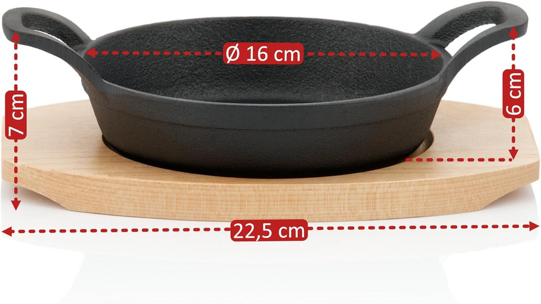 BBQ-Toro Gusseisen Servierpfännchen mit Holzunterlage (2 Stück) | Ø 16 cm | bereits eingebrannt - pr